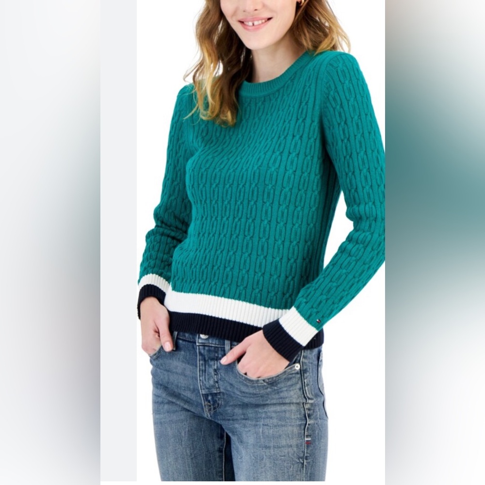 EUC Tommy Hilfiger Women's Cotton Cable-Knit Colorblocked Leila Sweater